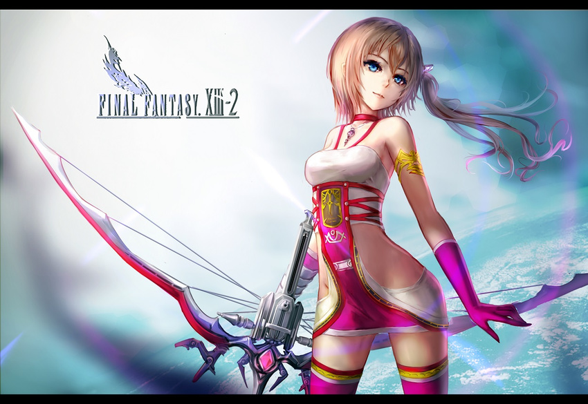 armband bad_id bad_pixiv_id blonde_hair blue_eyes bow_(weapon) choker copyright_name final_fantasy final_fantasy_xiii final_fantasy_xiii-2 gloves long_hair pink_legwear serah_farron side_ponytail solo thighhighs wangchuan_de_quanyan weapon