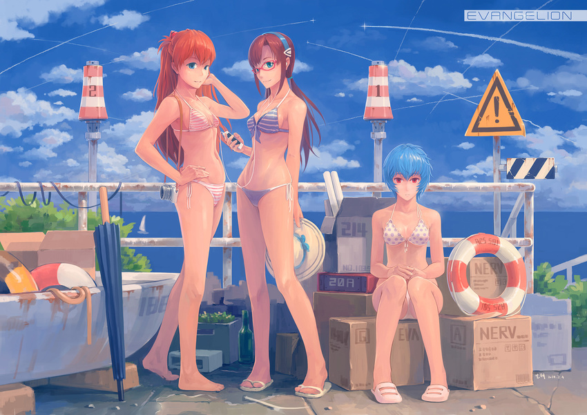 ayanami_rei barefoot bikini blue_eyes blue_hair blue_sky boat box brown_hair cardboard_box closed_umbrella cloud day glasses hair_ornament hairband highres innertube long_hair looking_at_viewer makinami_mari_illustrious multiple_girls neon_genesis_evangelion polka_dot polka_dot_bikini polka_dot_swimsuit rebuild_of_evangelion red-framed_eyewear red_eyes shikinami_asuka_langley sitting sky slippers souryuu_asuka_langley striped striped_bikini summer swimsuit tyc001x umbrella watercraft