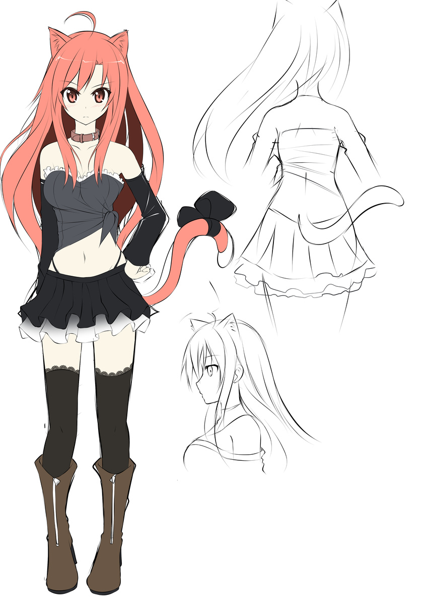 absurdres animal_ears black_legwear breasts cat_ears cat_tail catstudioinc_(punepuni) from_behind hand_on_hip highres long_hair medium_breasts multiple_views navel original partially_colored profile puni_(miku_plus) red_eyes red_hair simple_background sketch skirt tail thighhighs turnaround very_long_hair white_background