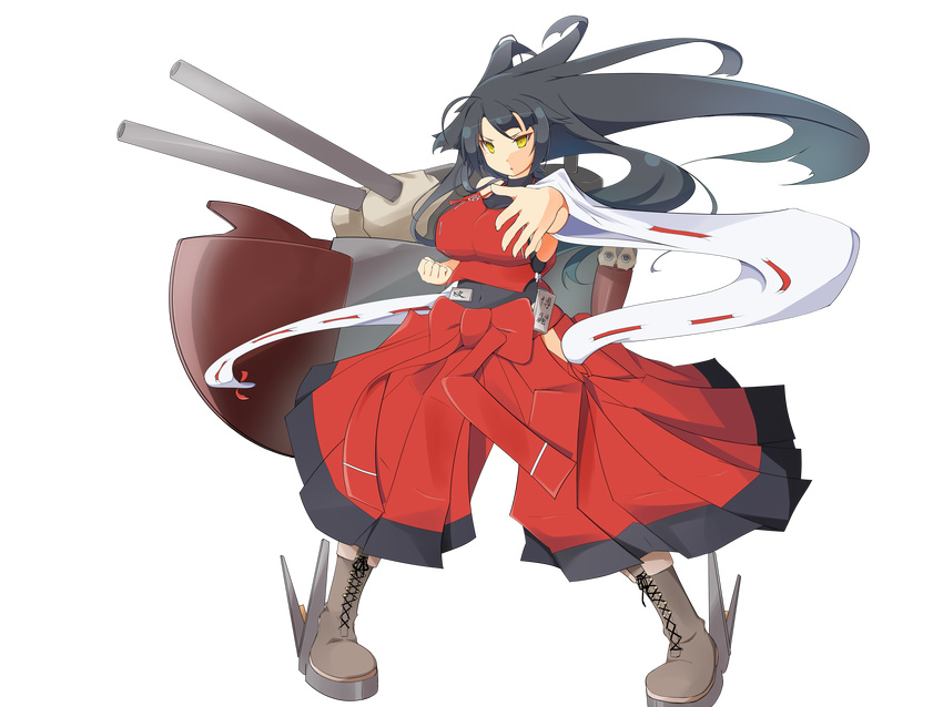 absurdres ahoge bad_id bad_pixiv_id black_hair boots bow breasts cannon clenched_hand combat_boots cross-laced_footwear detached_sleeves eyeliner full_body hakama heel_blade highres japanese_clothes kantai_collection lace-up_boots large_breasts leotard long_hair m.u.g.e.n makeup nontraditional_miko original parody pigeon-toed pointing pointing_forward red_hakama sendai_hakurei_no_miko sideboob solo tenpesuto touhou transparent_background very_long_hair yellow_eyes