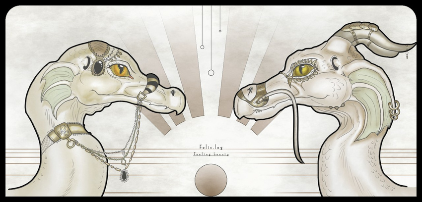alpha_channel amber_eyes ambiguous_gender art_nouveau beige_background collar dragon duo english_text eye_contact felixspeagel horn jewelry monochrome pattern_background reptile_eyes scalie simple_background slit_eyes slit_pupils text