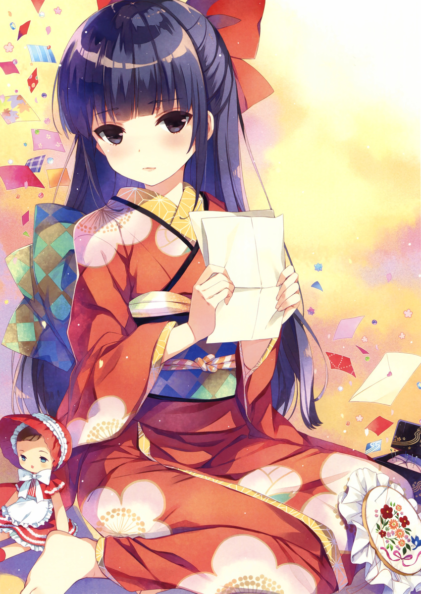 absurdres barefoot black_eyes black_hair blush doll hair_ribbon half_updo highres japanese_clothes kimono lips long_hair looking_at_viewer obi original ribbon sakura_koharu sash scan sitting smile solo wariza wide_sleeves