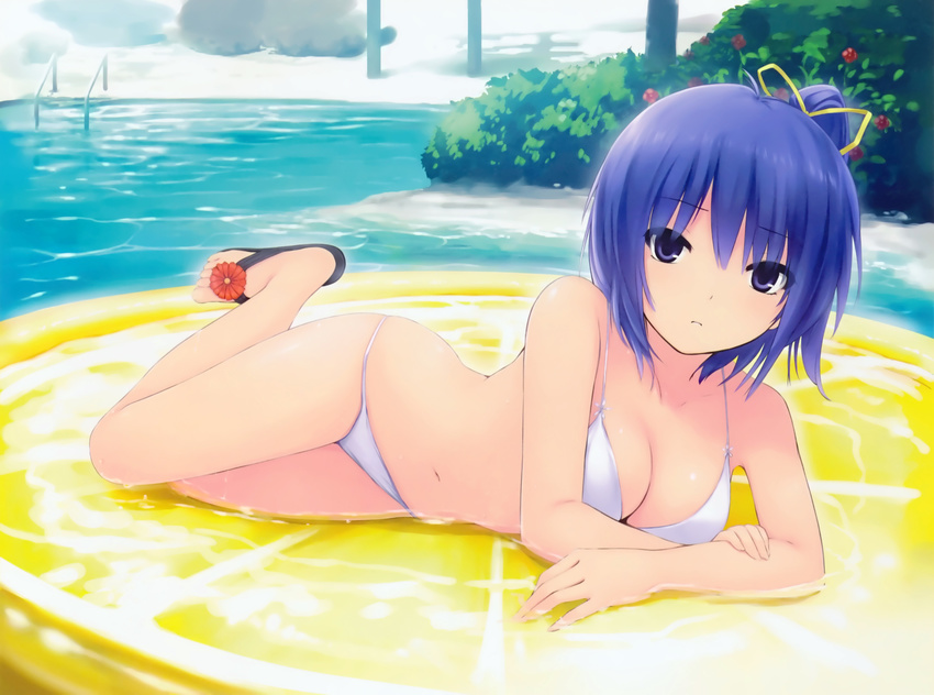 absurdres arm_support bangs bare_arms bare_legs bare_shoulders bikini breasts cleavage coffee-kizoku copyright_request day eyebrows_visible_through_hair food fruit full_body hair_ribbon highres inflatable_toy lemon lemon_slice looking_at_viewer lying medium_breasts navel on_side one_side_up outdoors partially_submerged pool purple_eyes purple_hair ribbon sandals scan solo string_bikini swimsuit water white_bikini