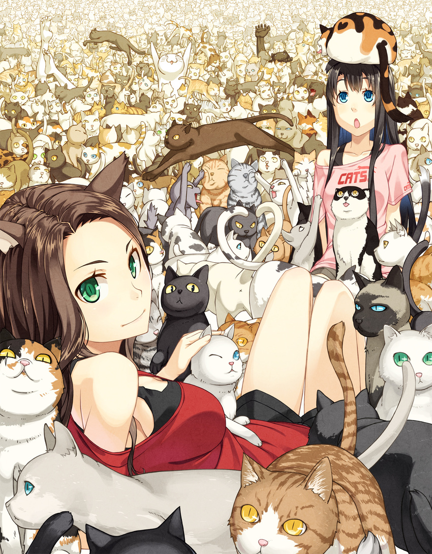 animal animal_ears animal_on_head bad_id bad_pixiv_id black_hair blue_eyes brown_hair cat cat_ears cat_on_head cat_tail commentary green_eyes highres kimura_(ykimu) long_hair multiple_girls off_shoulder on_head original slit_pupils tail too_many too_many_cats