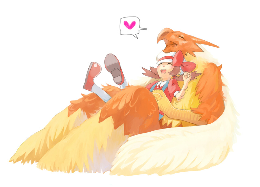blaziken blush clothed clothing duo f_(artist) female happy human lyra_(pokemon) male mammal nintendo open_mouth plain_background pok&#233;mon pok&eacute;mon red_feathers size_difference suggestive video_games white_background young