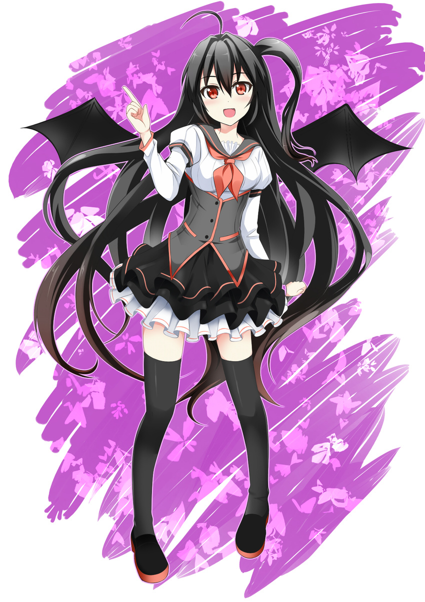 black_hair black_legwear black_wings blush breasts catstudioinc_(punepuni) highres long_hair looking_at_viewer open_mouth original red_eyes skirt small_breasts smile solo thighhighs very_long_hair wings