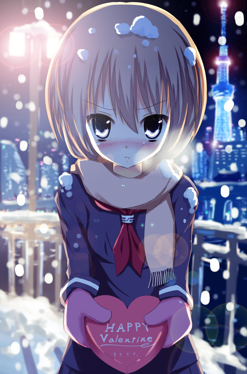 :&lt; absurdres bad_id bad_pixiv_id blanc blue_eyes blush box breath brown_hair building chocolate closed_mouth english gift happy_valentine heart heart-shaped_box highres incoming_gift lamppost lens_flare long_sleeves looking_at_viewer mittens musical_note neckerchief neptune_(series) night nose_blush outdoors railing revision scarf school_uniform shiokazunoko short_hair snow snowing solo tower v-shaped_eyebrows valentine