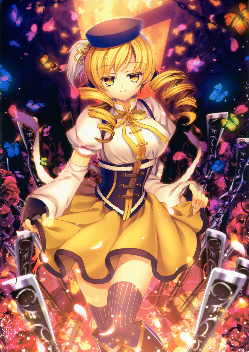 absurdres blonde_hair boots bug butterfly capura_lin clothes_grab colored_eyelashes corset detached_sleeves drill_hair fingerless_gloves gloves gun hat hat_feather highres insect knee_boots magical_musket mahou_shoujo_madoka_magica petals ribbon skirt solo striped striped_legwear thighhighs tomoe_mami twin_drills twintails vertical-striped_legwear vertical_stripes weapon yellow_eyes yellow_skirt zettai_ryouiki