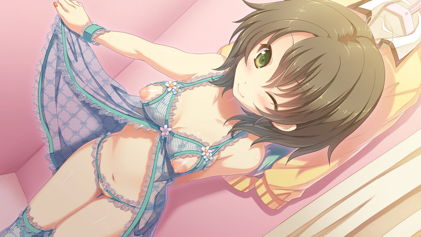 aoyagi_natsuya babydoll breasts brown_hair crotchless_panties game_cg green_eyes kouguchi_moto lingerie looking_at_viewer navel nippleless_clothes nipples one_eye_closed otome_switch panties pubic_hair small_breasts smile solo underwear