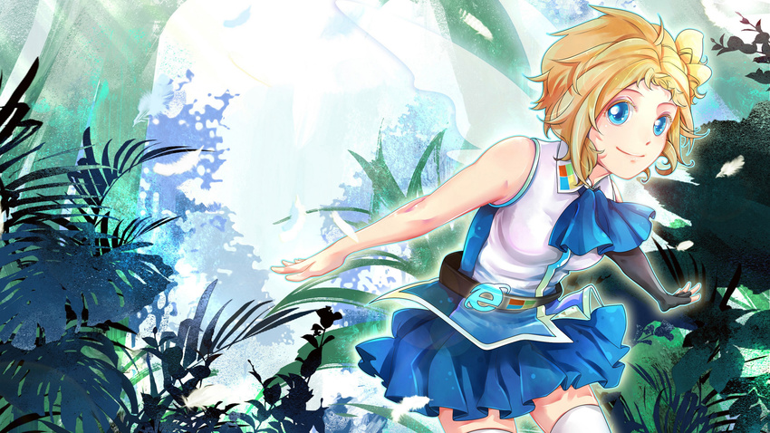 absurdres ahoge aizawa_inori angela_chen belt blonde_hair blue_eyes collateral_damage_studios commentary elbow_gloves fairy_wings feathers fingerless_gloves gloves hair_ornament highres internet_explorer jungle nature official_art os-tan outline personification single_elbow_glove skirt smile solo thighhighs wallpaper white_legwear wings zettai_ryouiki