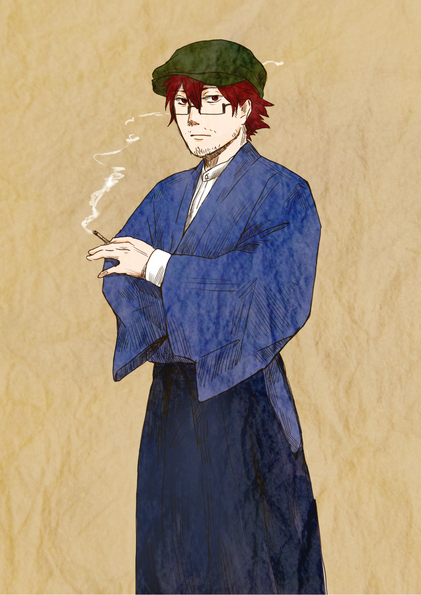 cigarette commentary english_commentary facial_hair glasses hakama hat highres japanese_clothes kondraki male_focus red_eyes red_hair scp_foundation seneo shosei smoke solo