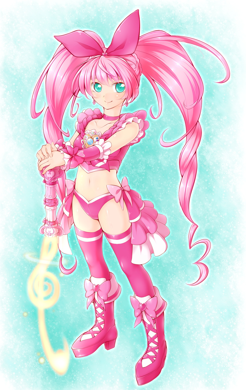 adapted_costume arakawa_tarou blue_eyes boots bow bra braid choker cure_melody earrings hair_ornament hair_ribbon happy highres houjou_hibiki jewelry knee_boots long_hair looking_at_viewer magical_girl navel panties pink_bow pink_bra pink_choker pink_footwear pink_hair pink_legwear pink_panties pink_shirt precure ribbon shirt single_braid smile solo standing stomach suite_precure thighhighs thighs twintails underwear underwear_only wrist_cuffs