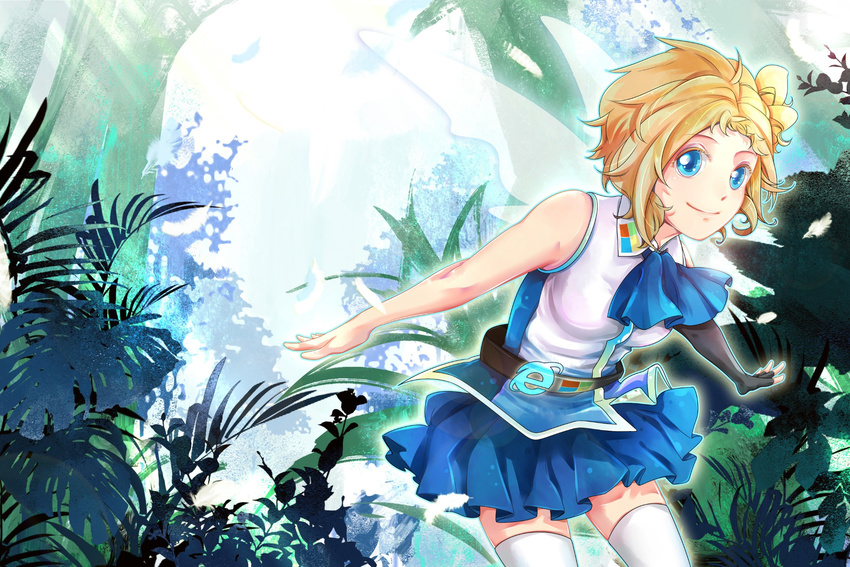 ahoge aizawa_inori angela_chen belt blonde_hair blue_eyes collateral_damage_studios commentary elbow_gloves fairy_wings feathers fingerless_gloves gloves hair_ornament highres internet_explorer jungle nature official_art os-tan outline personification single_elbow_glove skirt smile solo thighhighs wallpaper white_legwear wings zettai_ryouiki