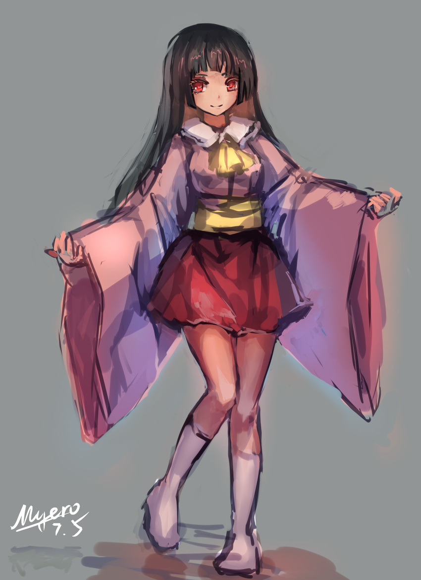 adapted_costume bad_id bad_pixiv_id black_hair dated grey_background highres houraisan_kaguya kneehighs long_hair looking_at_viewer myero no_shoes outstretched_arms red_eyes sash signature simple_background sketch sleeves_past_wrists solo spread_arms touhou white_legwear wide_sleeves