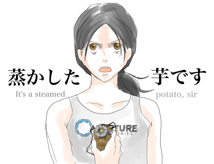 bags_under_eyes bilingual black_hair brown_eyes chell chell_(cosplay) cosplay english glados long_hair open_mouth parody ponytail portal portal_(series) portal_2 potato sasha_braus seneo shingeki_no_kyojin simple_background spoilers white_background