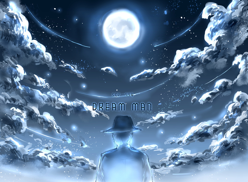 blue character_name cloud cloudy_sky commentary_request from_behind full_moon hat highres male_focus moon night scp-990 scp_foundation seneo sky solo star_(sky) starry_sky
