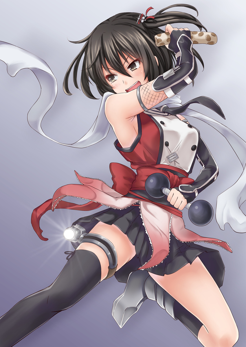 anti_(untea9) asymmetrical_legwear bangs blush brown_eyes brown_hair chikuwa commentary_request double-breasted dumbbell elbow_gloves fingerless_gloves food gloves hair_ornament highres kantai_collection open_mouth remodel_(kantai_collection) scarf school_uniform searchlight sendai_(kantai_collection) serafuku short_hair single_thighhigh skirt smile solo thigh_strap thighhighs two_side_up white_scarf