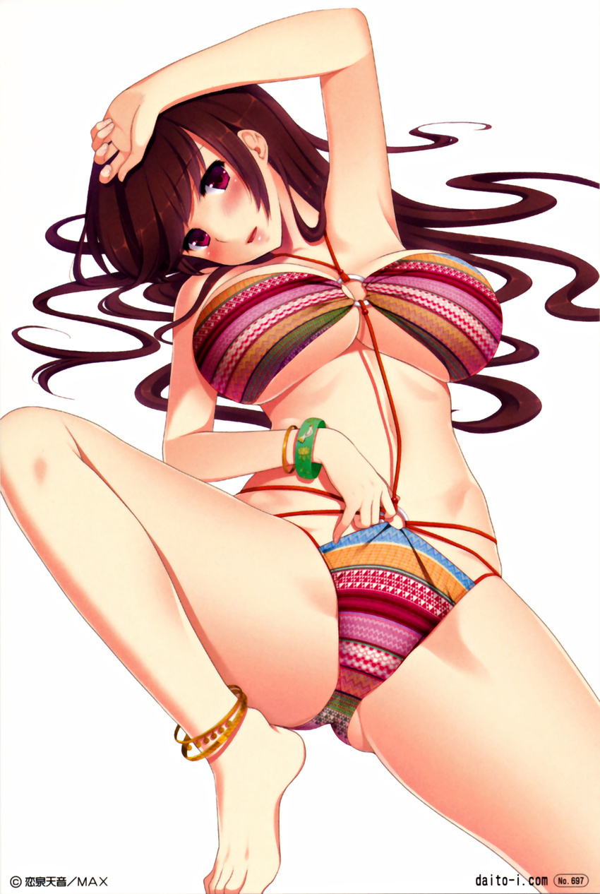 anklet arm_up barefoot bikini blush bracelet breasts brown_hair highres huge_breasts jewelry koizumi_amane large_breasts long_hair looking_at_viewer lying o-ring o-ring_bikini on_back purple_eyes scan simple_background solo swimsuit underboob watermark web_address white_background