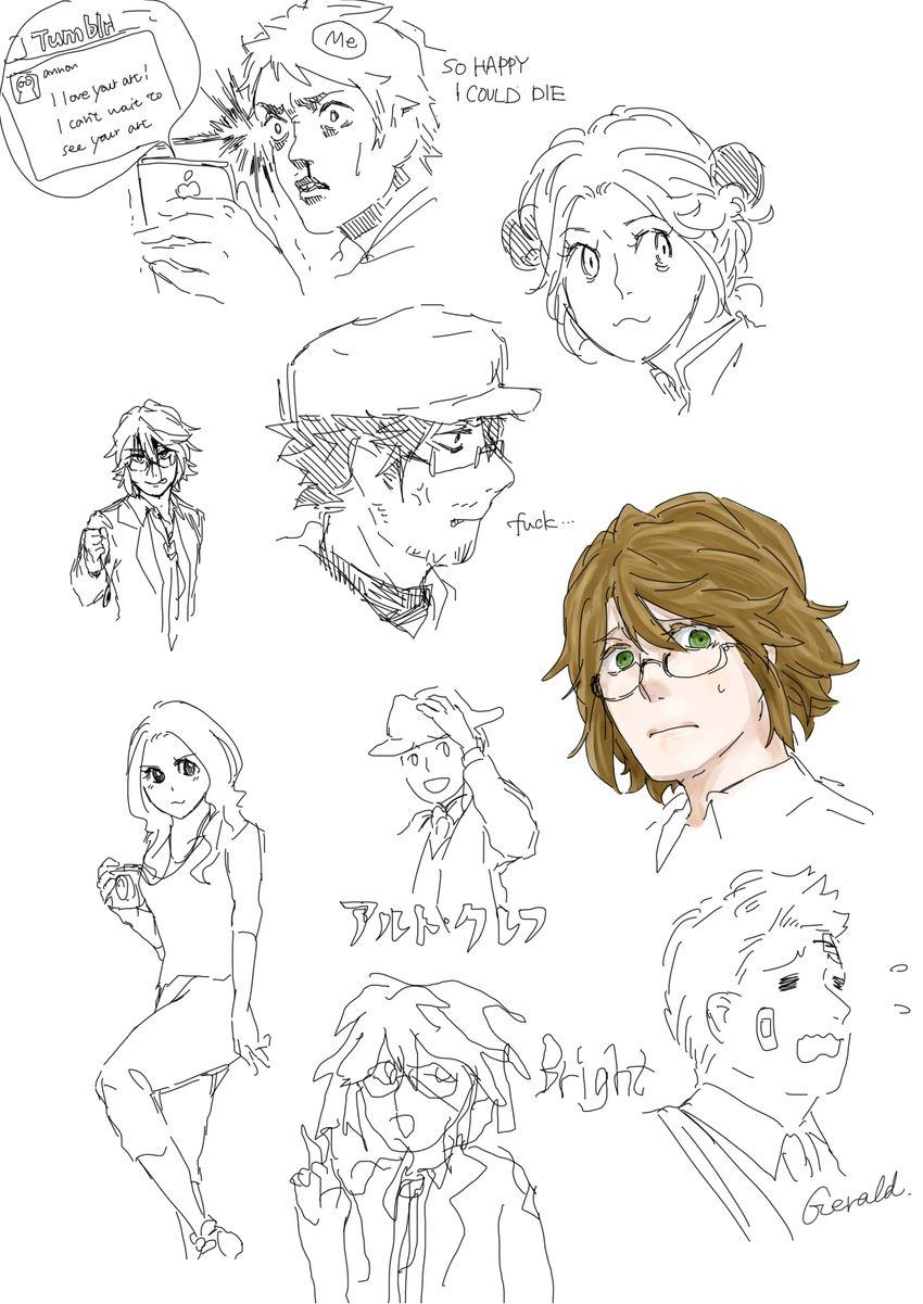 :p =_= alto_clef artist_self-insert bad_anatomy bandaid baseball_cap brown_hair camera character_request english facial_hair flying_sweatdrops gerald_(scp) glasses green_eyes hat highres jack_bright jewelry jewelry_removed kondraki labcoat looking_at_viewer multiple_boys multiple_girls necklace necklace_removed open_mouth pendant profanity scp-105 scp_foundation seneo sketch sweatdrop tongue tongue_out translated