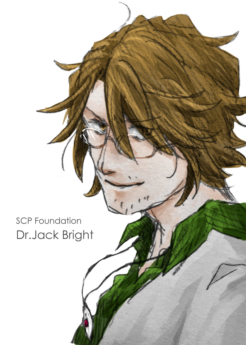 brown_eyes brown_hair character_name commentary_request copyright_name facial_hair glasses highres jack_bright jewelry looking_at_viewer male_focus necklace pendant scp_foundation seneo simple_background solo white_background