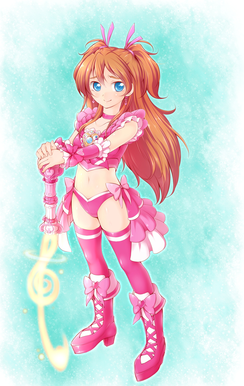 adapted_costume arakawa_tarou blue_eyes boots bow bra braid brown_hair choker cosplay cure_melody cure_melody_(cosplay) earrings hair_ornament hair_ribbon half_updo happy highres houjou_hibiki jewelry knee_boots long_hair looking_at_viewer navel panties pink_bow pink_bra pink_choker pink_footwear pink_legwear pink_panties pink_shirt precure ribbon shirt single_braid smile solo standing stomach suite_precure thighhighs thighs twintails underwear underwear_only wrist_cuffs