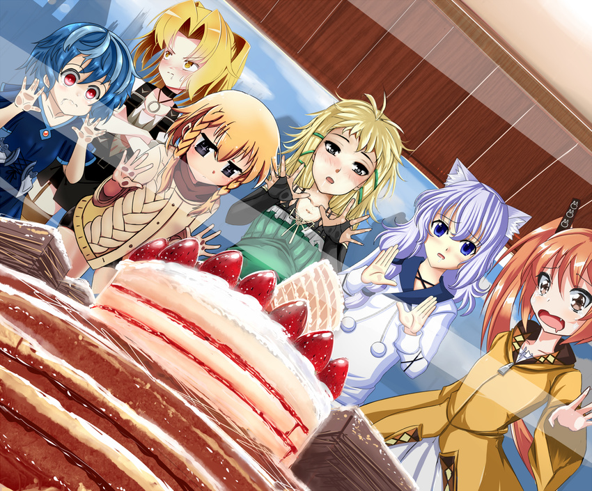 aihara_enju animal_ears black_bullet blonde_hair blue_eyes blue_hair braid brown_eyes brown_hair cake cat_ears fang food fuse_midori highres hiruko_kohina katagiri_yuzuki long_hair multiple_girls nonoririn purple_hair red_eyes senju_kayo short_hair tears tina_sprout twin_braids twintails yellow_eyes