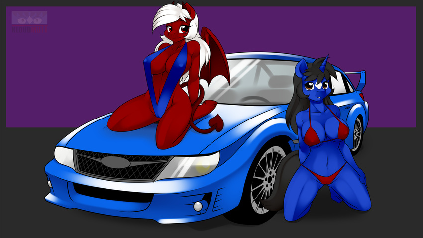 big_breasts bikini black_hair blue_skin breasts brown_eyes camel_toe car chilly_pepper cleavage clothed clothing equine female hair hooves horn horse klodette kloudmutt kneeling long_hair looking_at_viewer mammal pony red_eyes red_skin side_boob smile subaru swimsuit unicorn white_hair