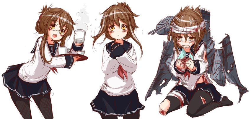 anchor_symbol bandages bespectacled black_legwear blood blush brown_hair crying crying_with_eyes_open cup folded_ponytail glasses hands_on_own_chest highres inazuma_(kantai_collection) injury kantai_collection long_sleeves looking_at_viewer machinery mikuma_folgore mug multiple_views neckerchief open_mouth pantyhose pleated_skirt sailor_collar school_uniform serafuku sitting skirt tears torn_clothes torn_legwear tray wariza white_background yellow_eyes