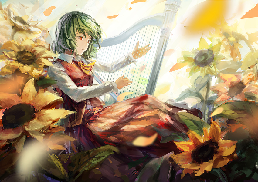 ascot blurry depth_of_field dress_shirt expressionless faux_traditional_media flower green_hair harp instrument kazami_yuuka long_sleeves music playing_instrument red_eyes revision shirt short_hair shuang_ye solo sunflower touhou vest