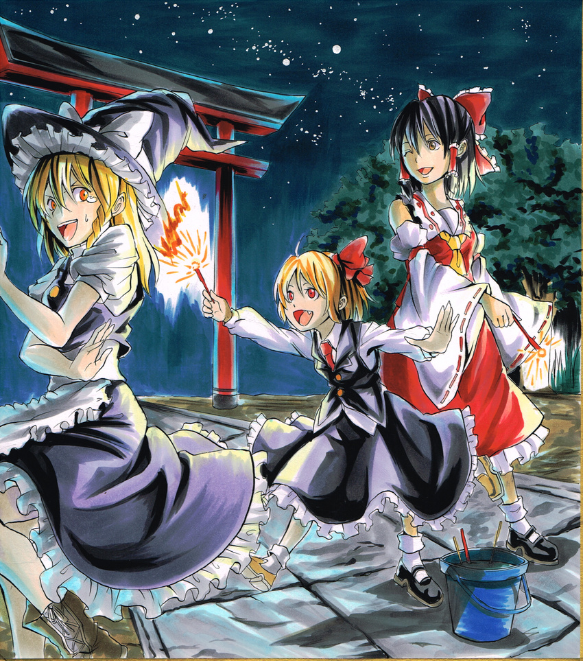 apron ascot black_hair blonde_hair boots bow braid brown_eyes bucket chasing colored_pencil_(medium) detached_sleeves fang fireworks frilled_skirt frills hair_bow hair_ribbon hair_tubes hakurei_reimu hat hat_ribbon highres kirisame_marisa koji_(koji-a) long_hair long_sleeves looking_at_another marker_(medium) mary_janes multiple_girls necktie nib_pen_(medium) night one_eye_closed open_mouth orange_eyes outdoors outstretched_arm path red_eyes ribbon road rumia running senkou_hanabi shikishi shoes short_hair short_sleeves single_braid skirt skirt_set sky sparkler star_(sky) starry_sky sweatdrop torii touhou traditional_media tree vest waist_apron witch_hat