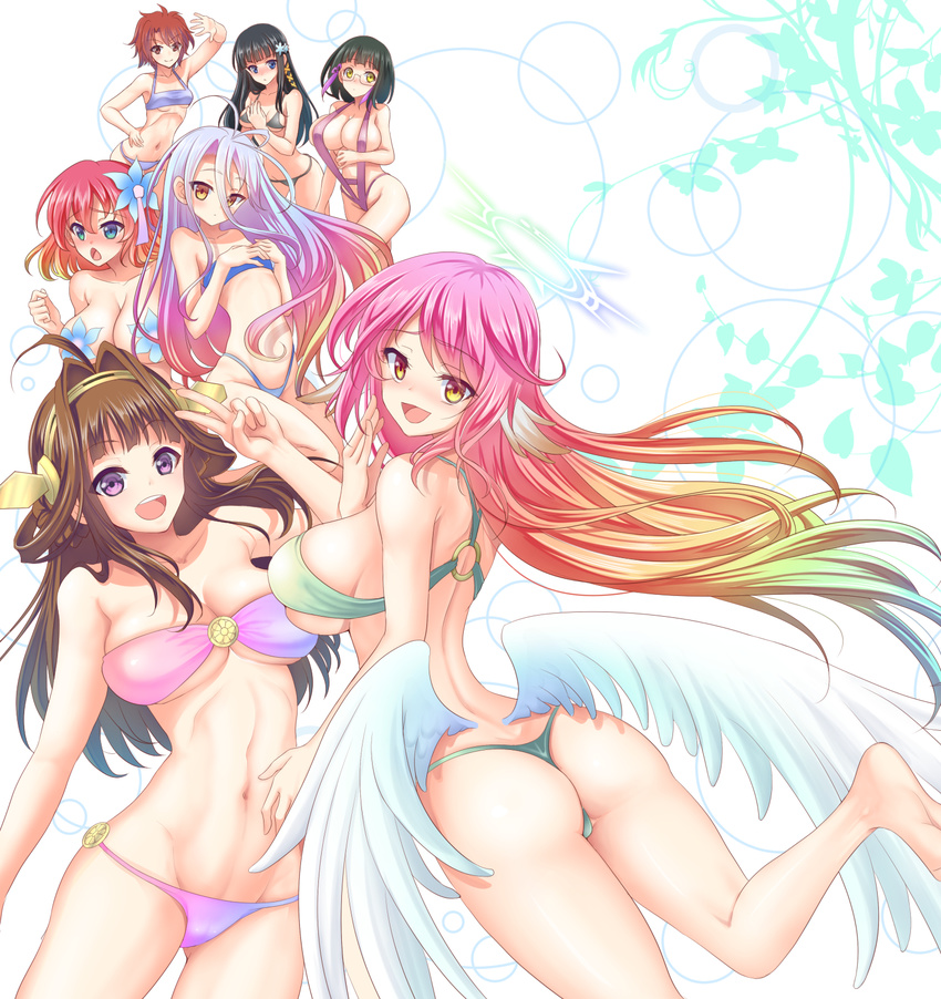 :d abs ass back bandeau barefoot bikini black_hair blonde_hair blue_eyes blue_hair blush breasts brown_hair chestnut_mouth chiba_erika crossover flat_ass glasses gradient_hair halo hands_on_own_chest headgear highleg highres jibril_(no_game_no_life) kantai_collection kongou_(kantai_collection) large_breasts long_hair looking_at_viewer looking_back low_wings magic_circle mahouka_koukou_no_rettousei multicolored_hair multiple_crossover multiple_girls navel no_game_no_life o-ring o-ring_top open_mouth pink_hair purple_eyes red_hair sagging_breasts shiba_miyuki shibata_mizuki shiro_(no_game_no_life) short_hair skindentation slingshot_swimsuit smile stephanie_dora swimsuit thong_bikini very_long_hair white_wings wings yellow_eyes youshuu