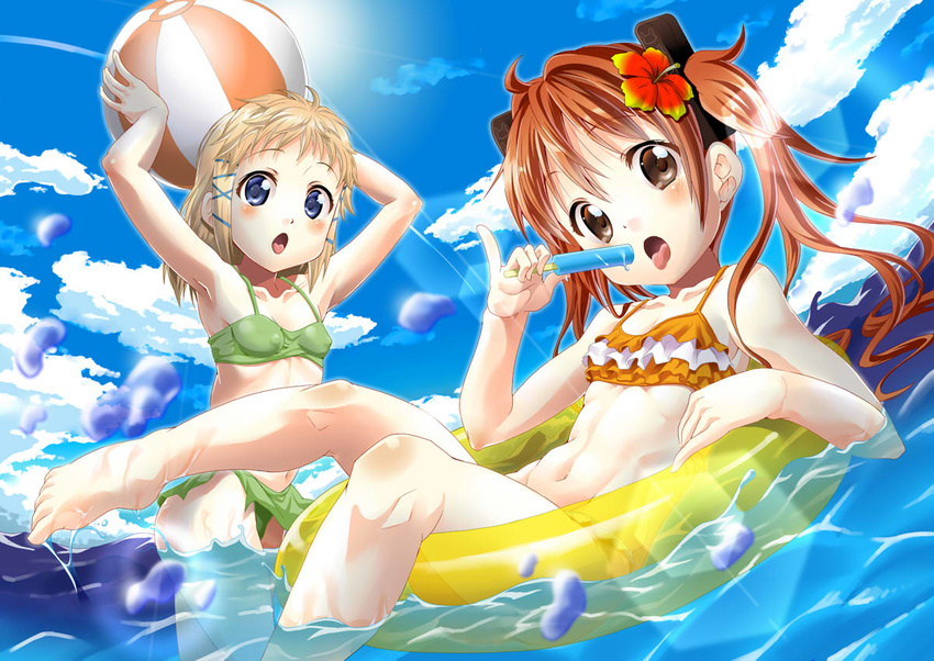 aihara_enju arms_up ball barefoot beachball bikini black_bullet blonde_hair blue_eyes blush brown_eyes ekakibito flower food hair_flower hair_ornament hibiscus innertube long_hair looking_at_viewer multiple_girls ocean open_mouth orange_hair popsicle swimsuit tina_sprout twintails water