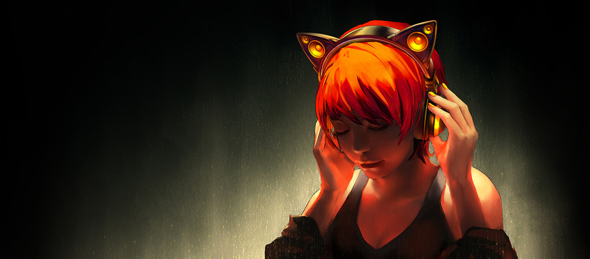 animal_ears axent_wear bare_shoulders cat_ear_headphones closed_eyes fake_animal_ears headphones nail_polish original realistic red_hair solo tank_top wenqing_yan