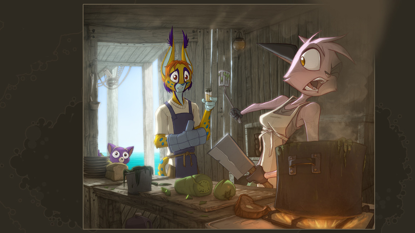 anthro bobby_(dreamkeepers) bread clothed clothing cooking david_lillie dreamkeepers feline female fire food fur gloves knife male mammal meat planks pot sea sky the_konkord_twins viriathus water