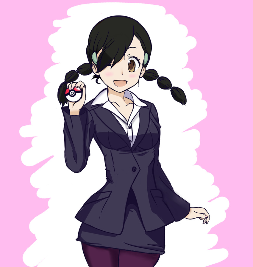 ;) alternate_costume black_hair blush braid brown_eyes formal gym_leader hair_ornament hairclip highres holding holding_poke_ball jacket multi-tied_hair office_lady one_eye_closed pancakez_(artist) pantyhose pencil_skirt poke_ball pokemon pokemon_(game) pokemon_dppt skirt skirt_suit smile solo suit suzuna_(pokemon) twin_braids