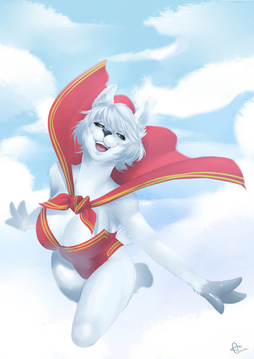 alanscampos big_breasts breasts cape cloud female flying fur green_eyes llama open_mouth playfurry smile solo superhereo superhero white_fur