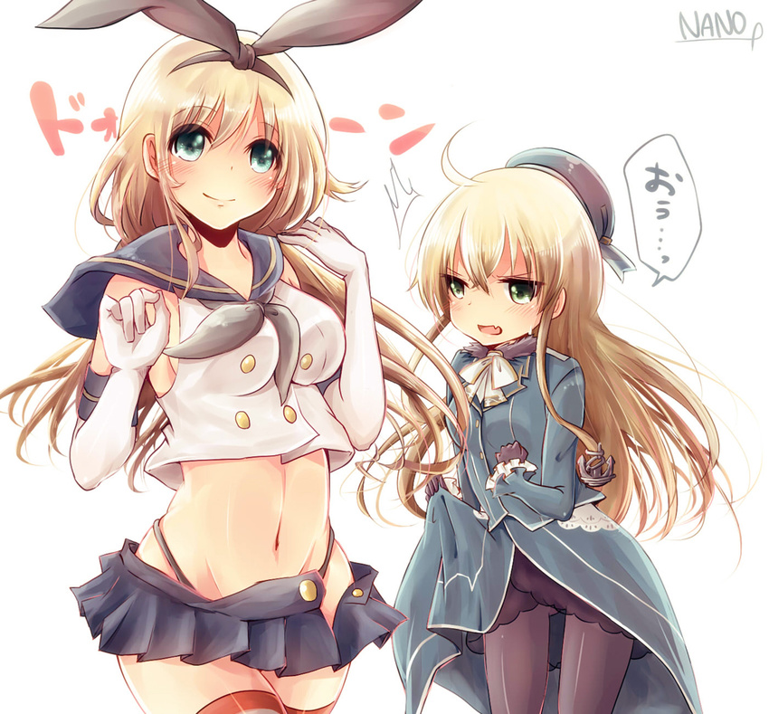 anchor artist_name atago_(kantai_collection) atago_(kantai_collection)_(cosplay) black_gloves blonde_hair blush breast_envy breasts cosplay costume_switch crop_top crop_top_overhang elbow_gloves gloves green_eyes hairband hat kantai_collection long_hair looking_at_viewer medium_breasts midriff multiple_girls nano_(cherry_line) navel pantyhose shimakaze_(kantai_collection) shimakaze_(kantai_collection)_(cosplay) simple_background skirt small_breasts smile thighhighs white_background white_gloves
