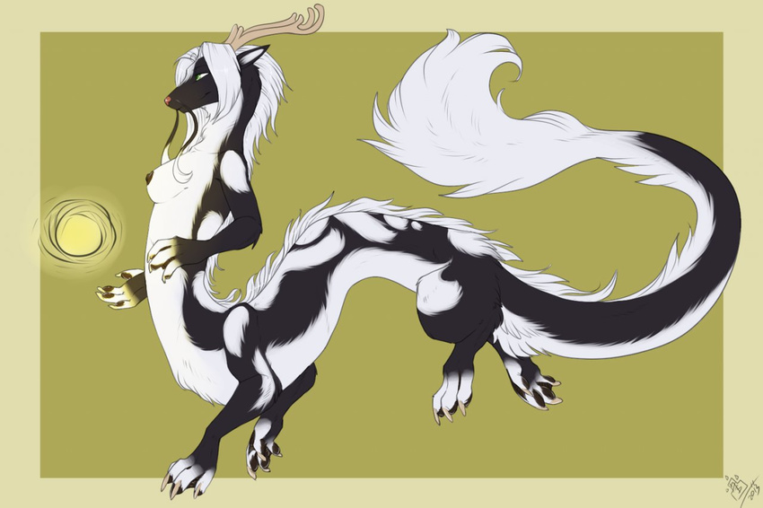 dragon female fur furred_dragon grostenmeiers hair herm horn intersex nipples paws solo taross taur white_hair