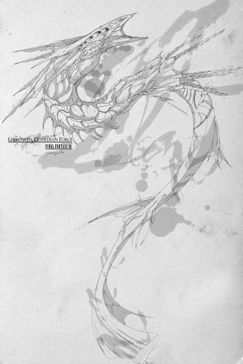 character_name copyright_name esper final_fantasy final_fantasy_viii greyscale horns leviathan leviathan_(final_fantasy) monochrome monster no_humans signature solo