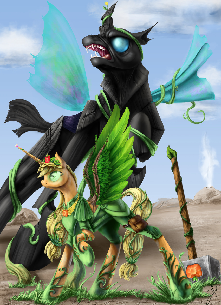 absurd_res applejack_(mlp) bag changeling duo equine female feral friendship_is_magic grass green_feathers hammer hi_res horn horse mammal my_little_pony pony silfoe winged_unicorn wings