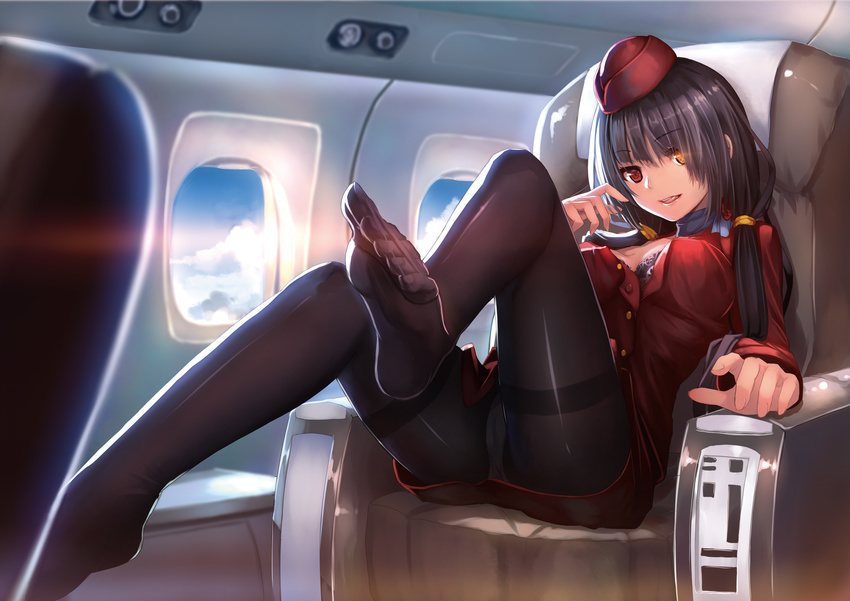 airplane_interior black_bra black_hair black_legwear bra breasts couch date_a_live feet flight_attendant garrison_cap hat heterochromia highres interior leg_lift legs long_hair long_legs looking_at_viewer medium_breasts no_shoes open_mouth panties panties_under_pantyhose pantyhose red_eyes sitting smile solo stewardess thighband_pantyhose tokisaki_kurumi twintails underwear weiyinji_xsk yellow_eyes