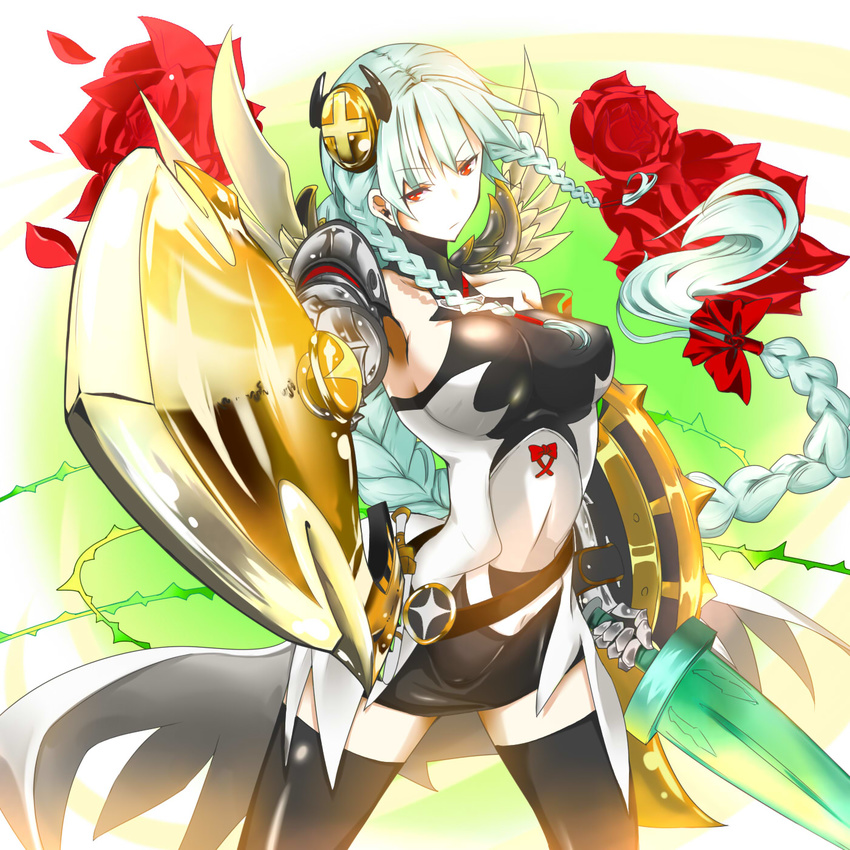 armor armored_dress armpits bare_shoulders belt black_dress black_legwear blue_hair bow braid breasts collarbone dress dual_wielding feathered_wings flower gauntlets hair_bow hair_ornament halterneck highres holding holding_sword holding_weapon large_breasts light_valkyrie_(p&amp;d) long_hair mizuichi plant pointing pointing_at_viewer puzzle_&amp;_dragons red_bow red_eyes red_flower red_rose rose serious shield showgirl_skirt sideboob sleeveless sleeveless_dress solo sword thighhighs thorns tri_braids valkyrie valkyrie_(p&amp;d) vines weapon wings zettai_ryouiki
