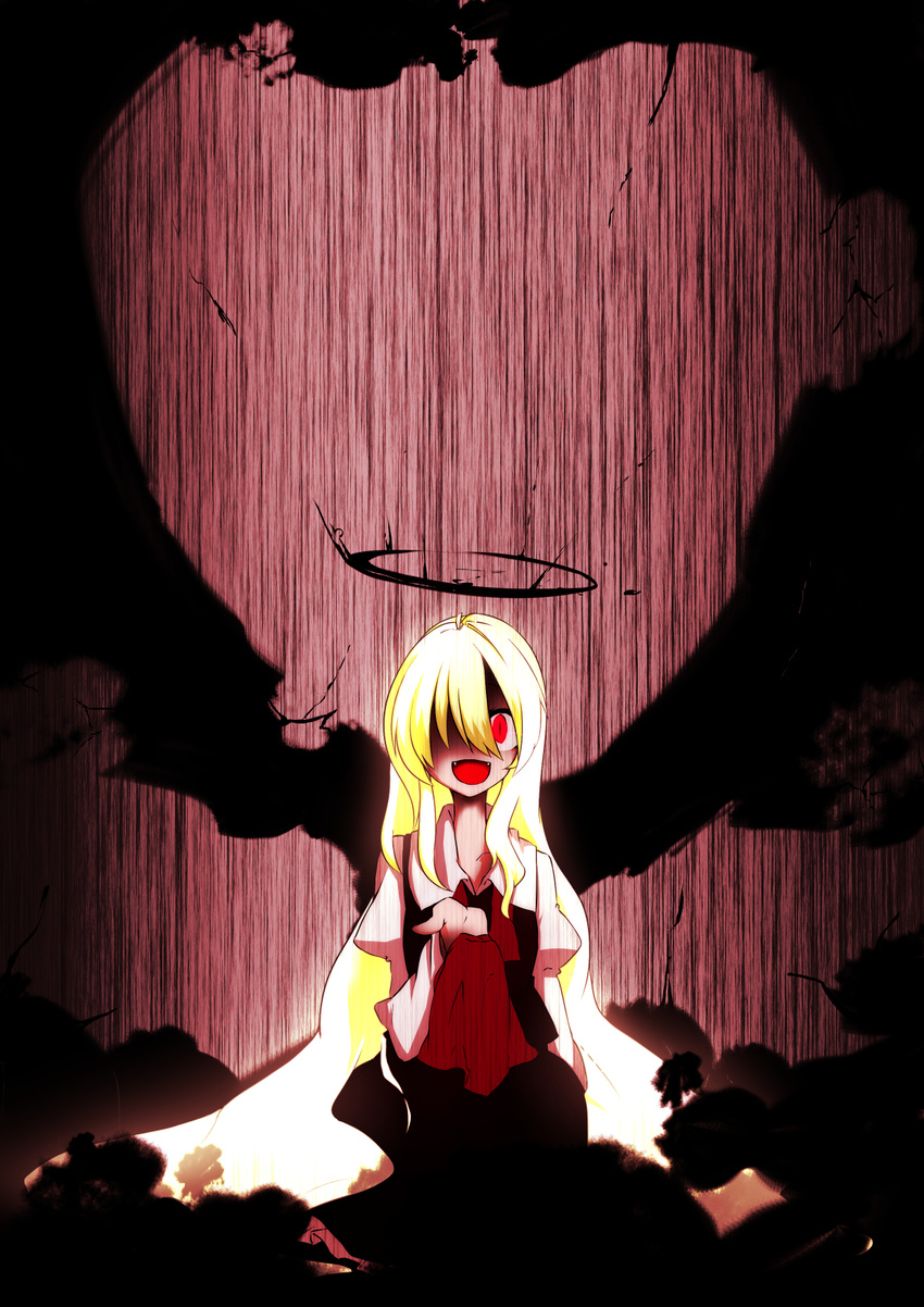 :d blonde_hair blouse darkness evil_smile ex-rumia fangs frilled_skirt frills hair_over_one_eye halo highres kameyan long_hair open_mouth red_eyes ribbon rumia skirt smile touhou very_long_hair vest wings