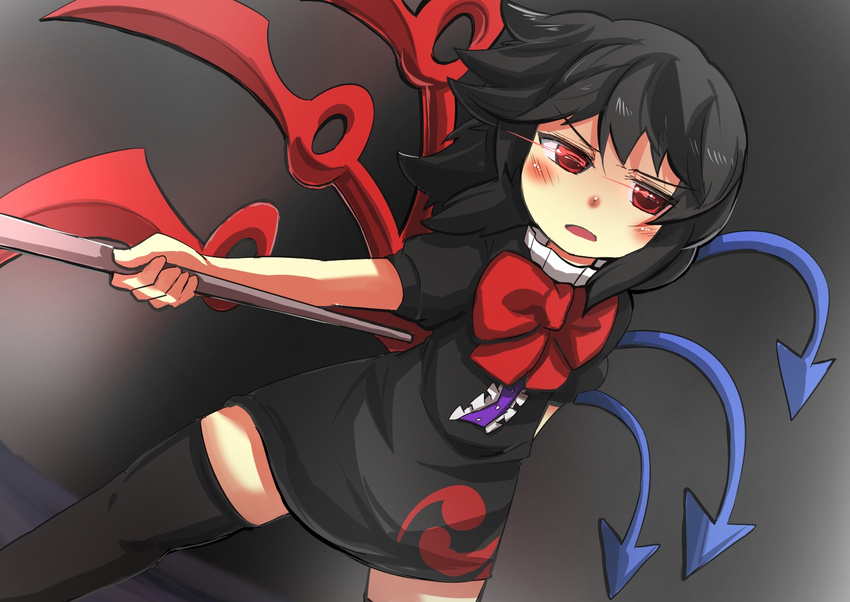 asymmetrical_wings black_dress black_hair black_legwear bow commentary_request dress gaoo_(frpjx283) houjuu_nue red_bow red_eyes solo thighhighs tomoe_(symbol) touhou wings