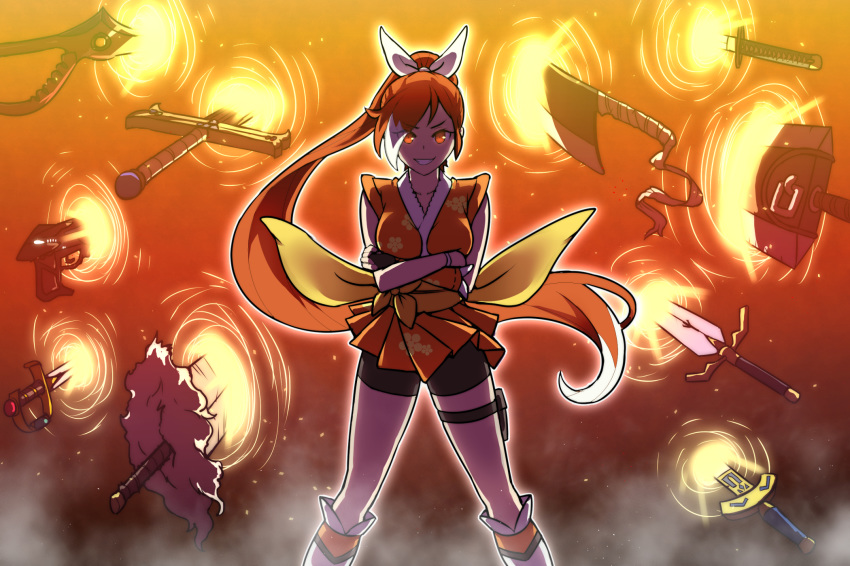 1girl akairiot berserk bow breasts broadsword collarbone cowboy_shot crunchyroll dragonslayer_(sword) eyebrows_visible_through_hair eyes_visible_through_hair fate_(series) gate_of_babylon glowing glowing_eyes grin gun hair_bow highres hime_(crunchyroll) huge_weapon katana kill_la_kill long_hair mascot multicolored_hair orange_eyes orange_hair scissor_blade sleeveless smile solo sword teeth two-tone_hair very_long_hair weapon weapon_request white_bow white_hair