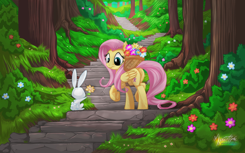 angel_(mlp) duo equine female feral flower fluttershy_(mlp) forest friendship_is_magic horse lagomorph male mammal my_little_pony mysticalpha pegasus pony rabbit tree wings