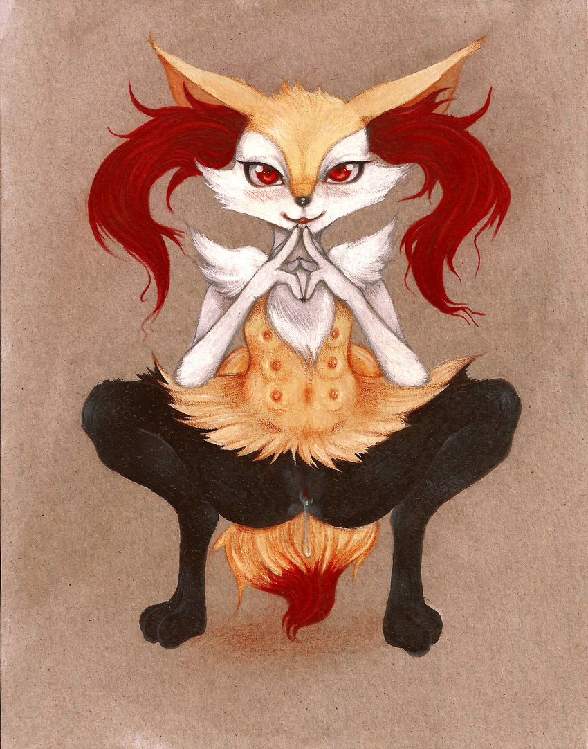 blush braixen breasts canine claws crouching female fennec fox fuchs gaping gaping_pussy hi_res looking_at_viewer mammal multi_breast navel nintendo nipples pok&#233;mon pok&eacute;mon pussy pussy_juice red_eyes solo video_games wet wet_pussy