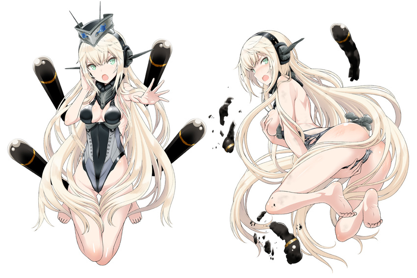 ass barefoot blonde_hair blue_eyes blush breasts covering covering_breasts feet full_body headgear isse kantai_collection long_hair mecha_musume medium_breasts open_mouth original personification submarine torpedo u-96_(submarine) watercraft