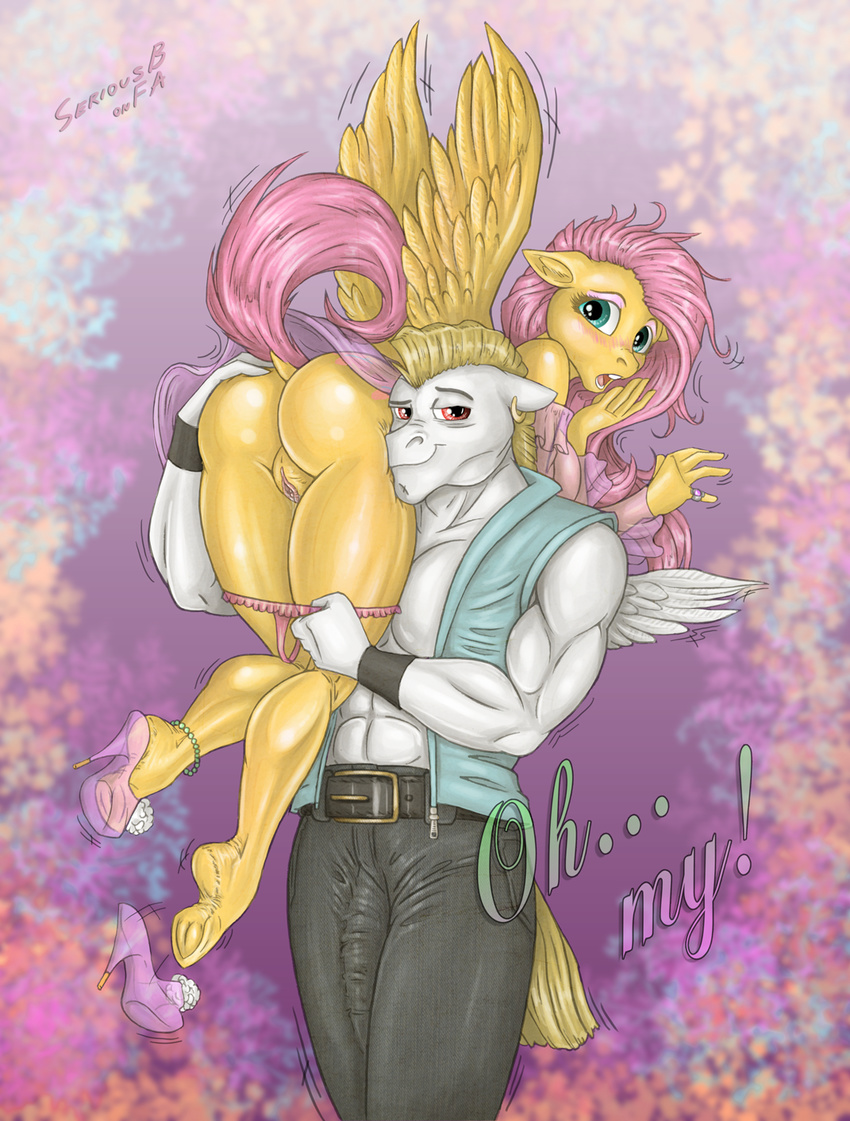 anthrofied big_butt blush breasts bulk_biceps_(mlp) butt calves clothing cutie_mark dress duo equine female fluttershy_(mlp) friendship_is_magic hair hands heels high_heels hindpaw horse imminent_rape long_hair looking_at_viewer looking_back male mammal my_little_pony open_mouth panties paws pegasus penis plantigrade pony pussy raised_tail seriousb smile straight text thick_thighs thighs underwear wide_hips wings