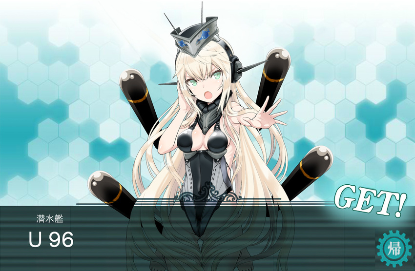 bare_arms bare_shoulders blonde_hair blue_eyes breasts center_opening cleavage cleavage_cutout fake_screenshot garrison_cap hat hexagon isse kantai_collection long_hair looking_at_viewer mecha_musume medium_breasts military military_uniform original outstretched_arm palms serious simple_background solo submarine torpedo u-96_(submarine) uniform watercraft